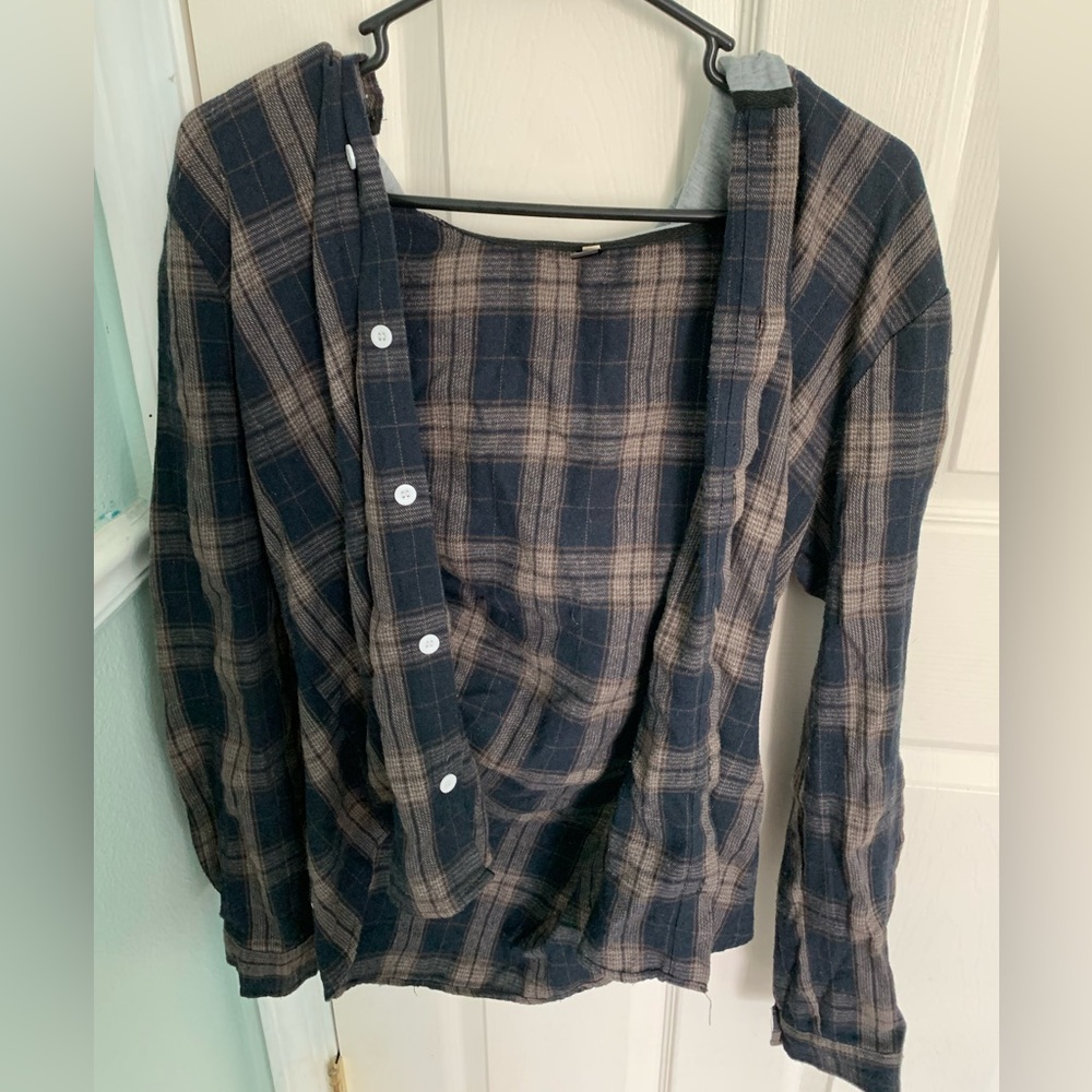 Plaid Button Front Pocket Drawstring Hooded Shirt